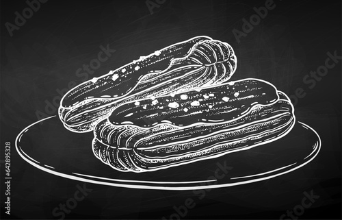 Vector sketchy illustration of eclairs on plate on chalkboard background