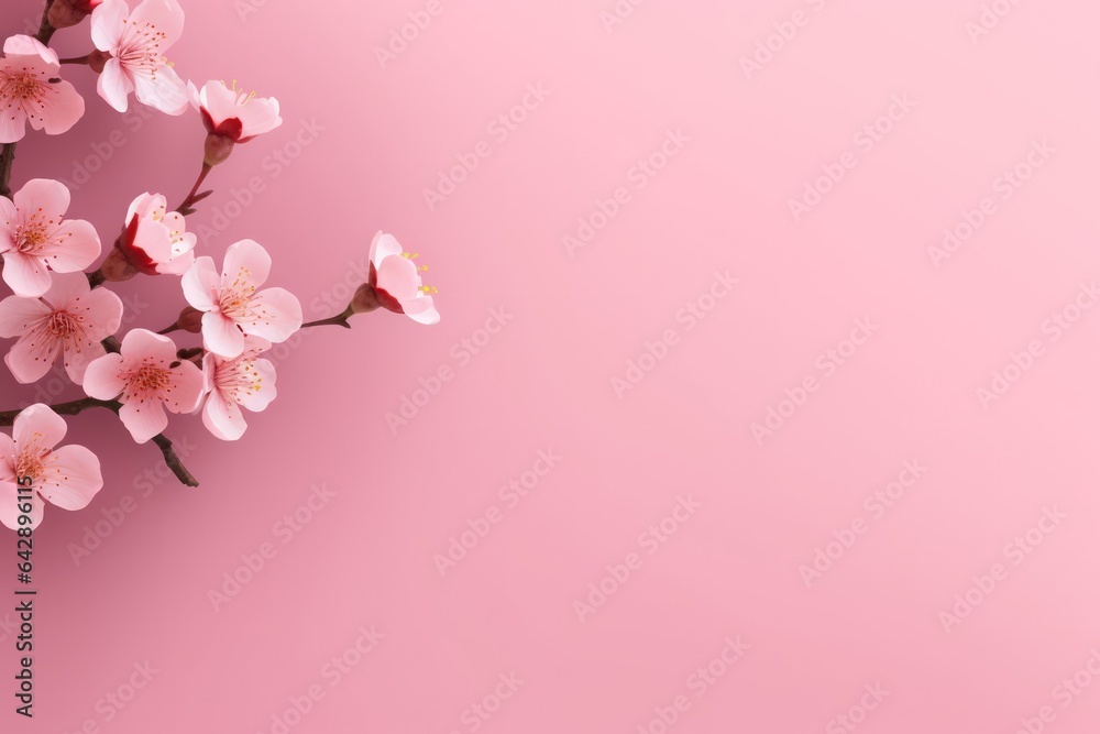 Small branch cherry blossom flower tree on pink background.