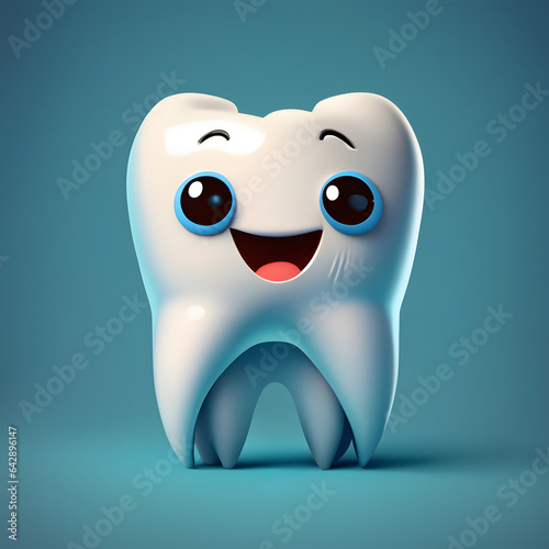 Dental 3d tooth character isolated on blue background. Dental examination teeth, dental health and hygiene concept. 3d rendering illustration.
