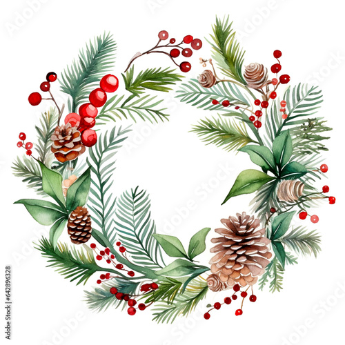 Watercolor Christmas Wreath Circle Round Banner with Fir  Mistletoe and Holy Berries and Pine Cones  Green Branches and Red Berries. Copy Space  Place for Text. Winter Autumn Wreath. Hand painted.