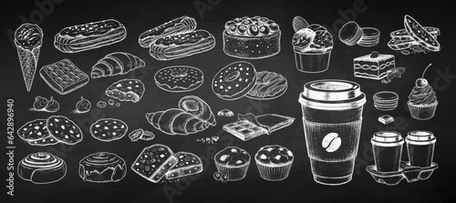 Vector chalk drawings illustratoins set of desserts and takeaway coffee on chalkboard background