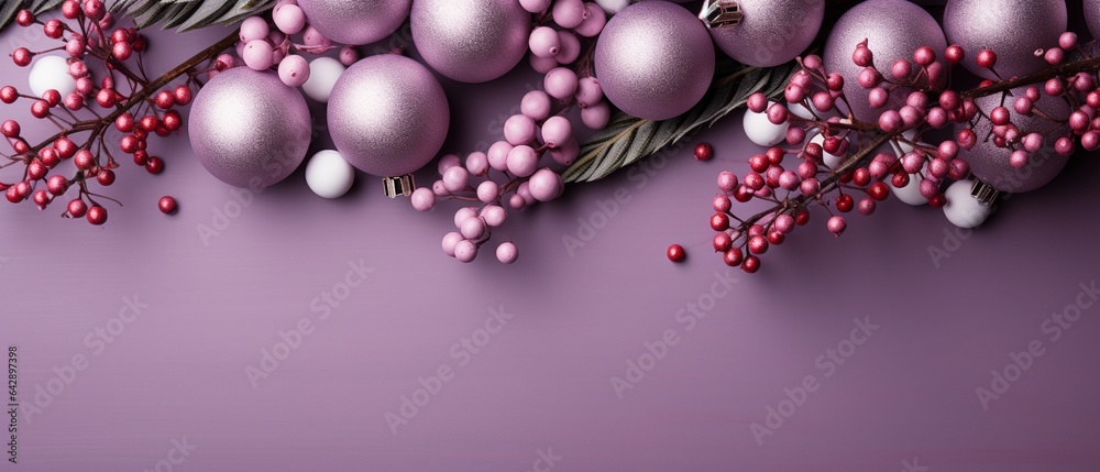 against a lavender background, Christmas tree branches with balls. against a lavender background, Christmas tree branches with balls.