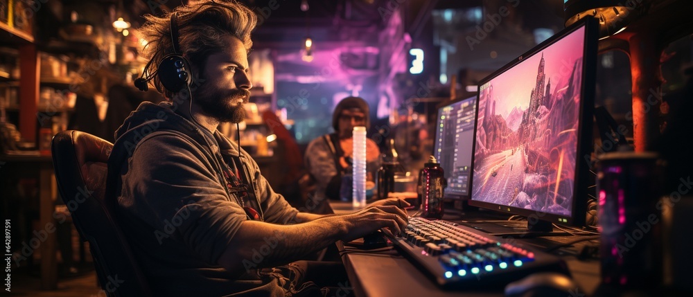 In the evening, a computer gamer breaks from playing and drinks an energy drink..