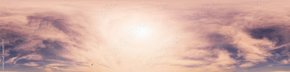 Bright sunset sky panorama with glowing red pink Cumulus clouds. HDR 360 seamless spherical panorama. Sky dome or zenith in 3D, sky replacement for aerial drone panoramas. Climate and weather change.