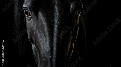 Fine art, plain horse painting. Black horse looking with a talking eye