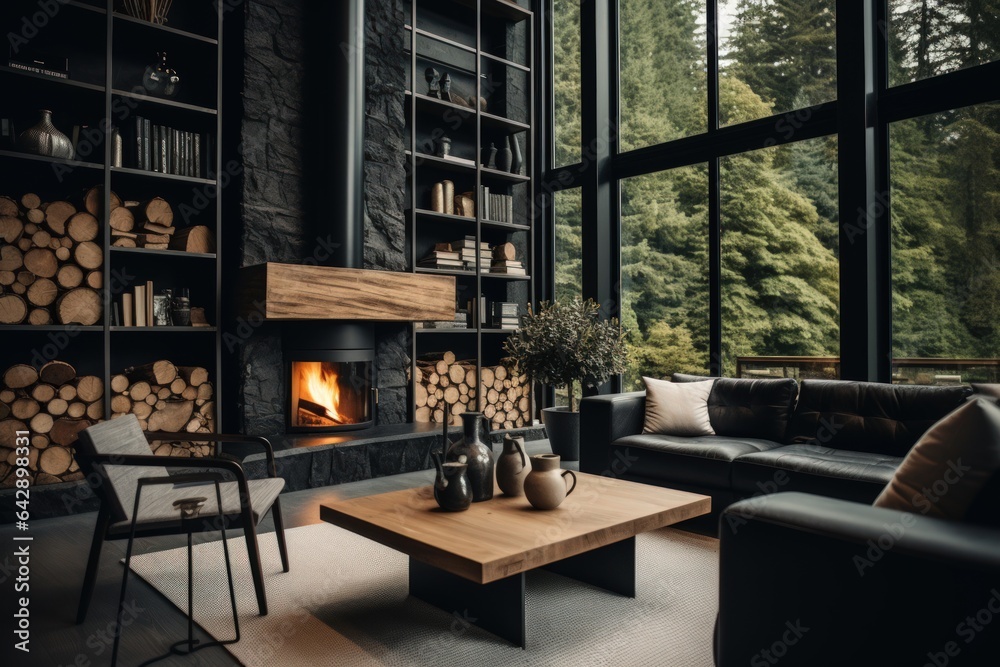 Wood and black tone living room interior modern style.