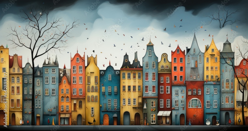 Fototapeta premium A painting of a city with lots of buildings. Digital image.