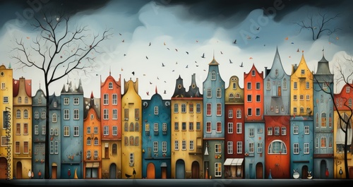 A painting of a city with lots of buildings. Digital image.