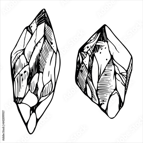 Hand drawn ink vector crystal gem stone mineral. Sketch illustration art for witchcraft, esoteric, jewellery, tattoo. Isolated object, outline. Design for shops, logo, print, website, card, booklet