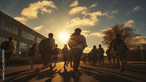 Students excitedly rushing out of school at the end of the day