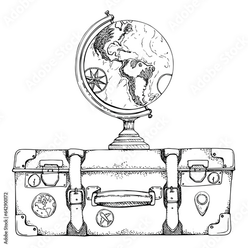 Ink hand drawn vector sketch. Illustration with set of retro vintage old suitcases with stickers luggage baggage and globe. Design for tourism, travel, brochure, wedding, guide, print, card tattoo.
