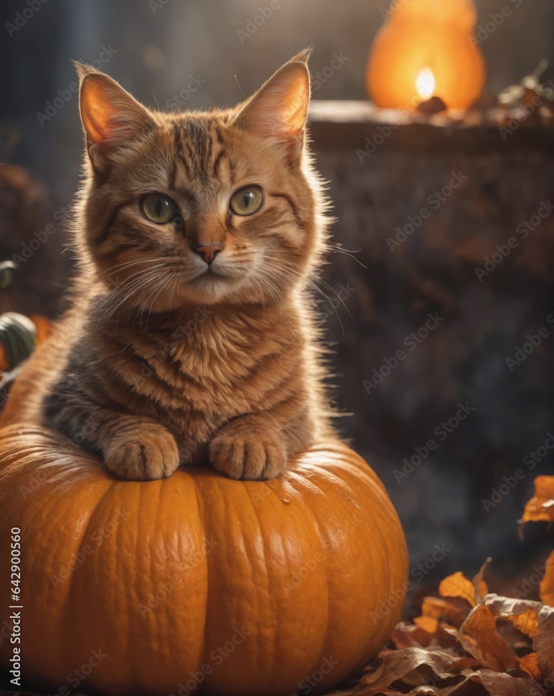 A cute cat is sitting in the hallowing photo set in warm autumn colors with a pumpkin in pumpkin garden A cute cat is sitting in the hallowing photo set in warm autumn colors with a pumpkin in pumpkin garden