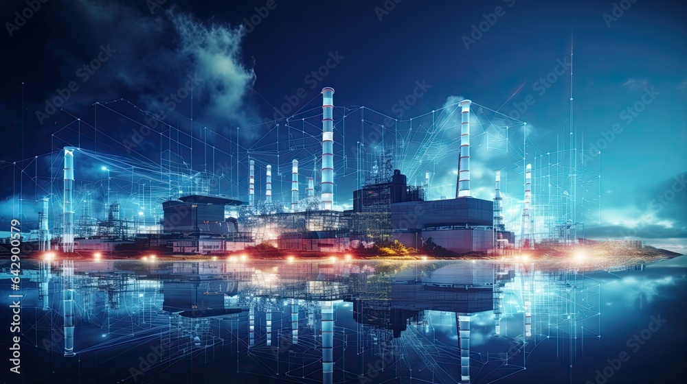 Naklejka premium Modern factory, communication network. Telecommunication. IoT, Internet of Things, ICT, Information communication Technology,. Smart factory. Digital transformation, cloud connecting, generate by AI