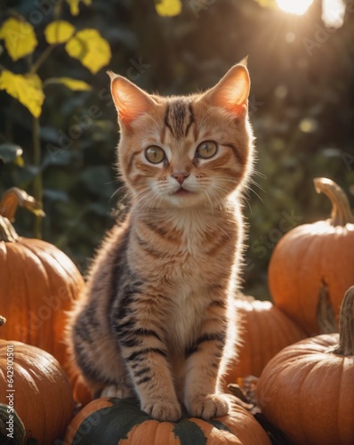 A cute cat is sitting in the hallowing photo set in warm autumn colors with a pumpkin in pumpkin garden © Roman
