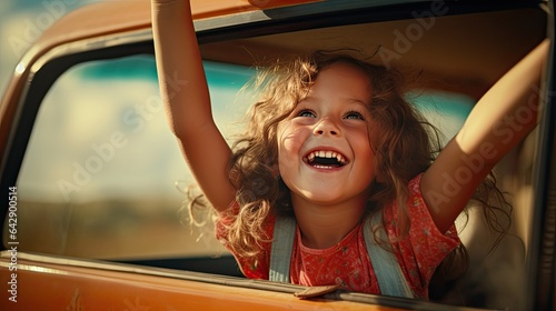 Happy children stretches her arms while sticking out car window. Lifestyle, travel, tourism, nature