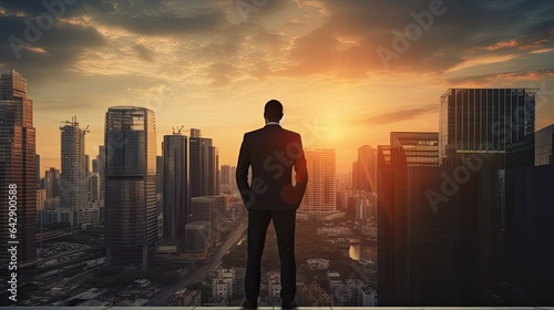 Silhouette of business man stand and feel happy on the most hight at stand on sunset  success  leader  teamwork  target  Aim  confident  achievement  goal  on plan  finish  generate by AI