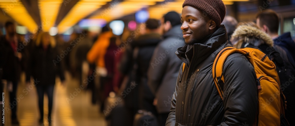 View from the side of a group of individuals of different races waiting to check in at the airport,.