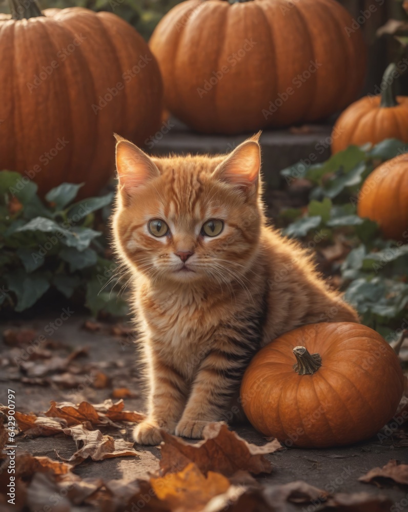 A cute cat is sitting in the hallowing photo set in warm autumn colors with a pumpkin in pumpkin garden