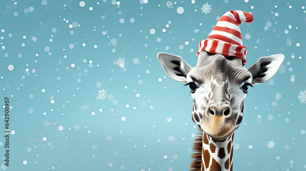 Happy giraffe, in santa claus hat on christmas holiday time. Digital art on blue background. - obrazy, fototapety, plakaty 