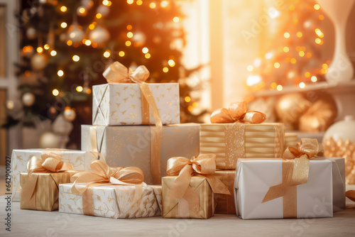 Gift Giving, wrapped presents, gift boxes, generosity associated with Christmas.