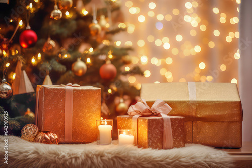 Gift Giving, wrapped presents, gift boxes, generosity associated with Christmas.