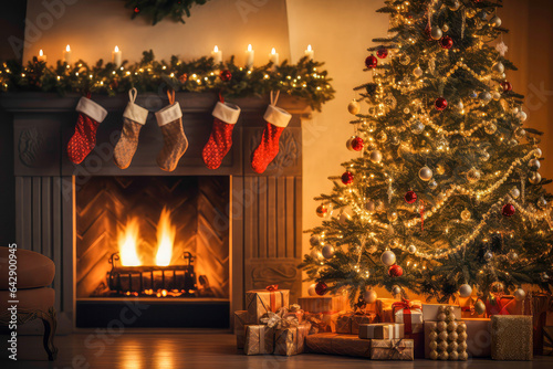 A beautifully decorated living room with a litfireplace, Chrismas theme. photo