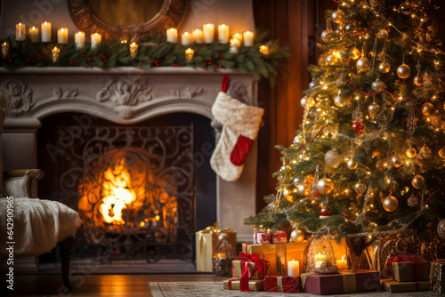 A beautifully decorated living room with a litfireplace, Chrismas theme.