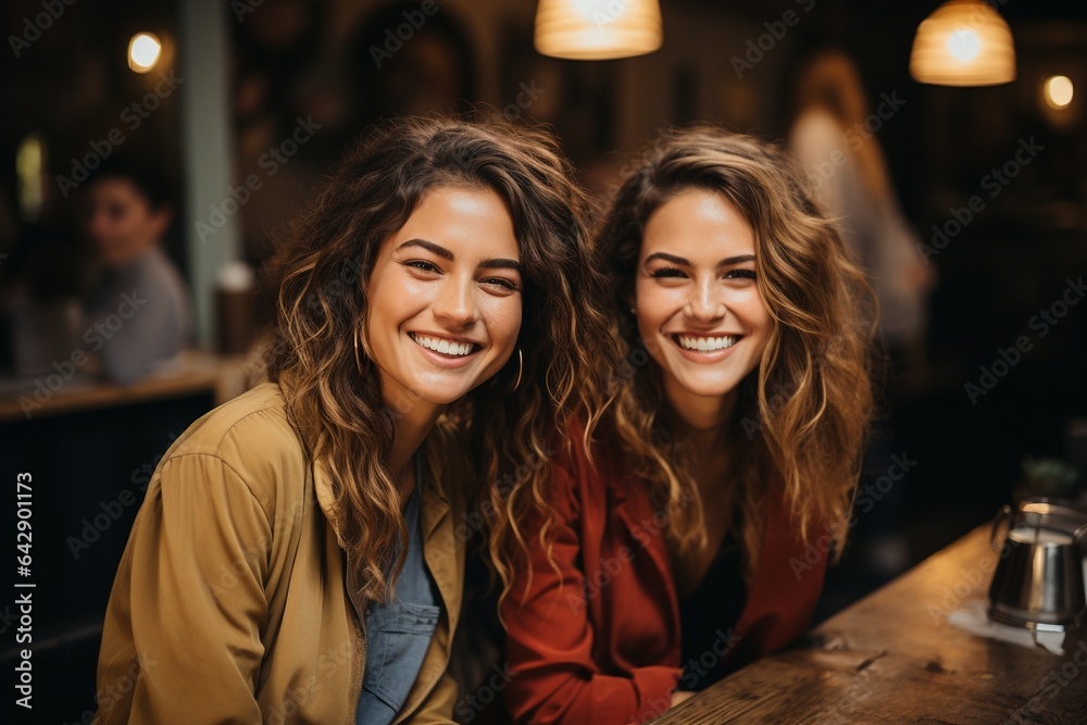 smiling women sharing a cup of coffee,.