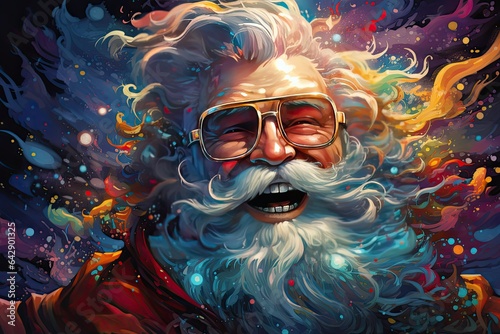 Psychadelic Santa Claus on a trip to another dimension for presents and gifts. 