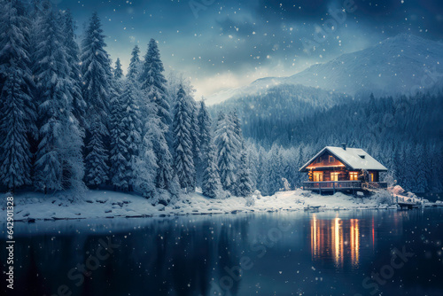 Snow covered landscapes, cozy cabins, and serene winter scenes associated with Christmas.