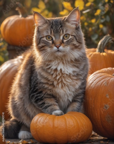 A cute cat is sitting in the hallowing photo set in warm autumn colors with a pumpkin in pumpkin garden © Roman