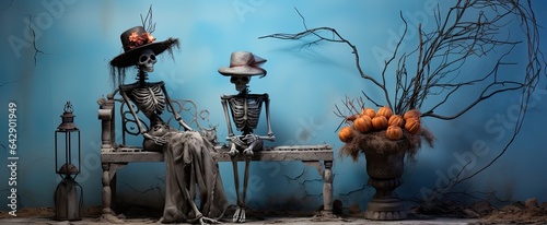 Skeleton lovers sitting on a bench 