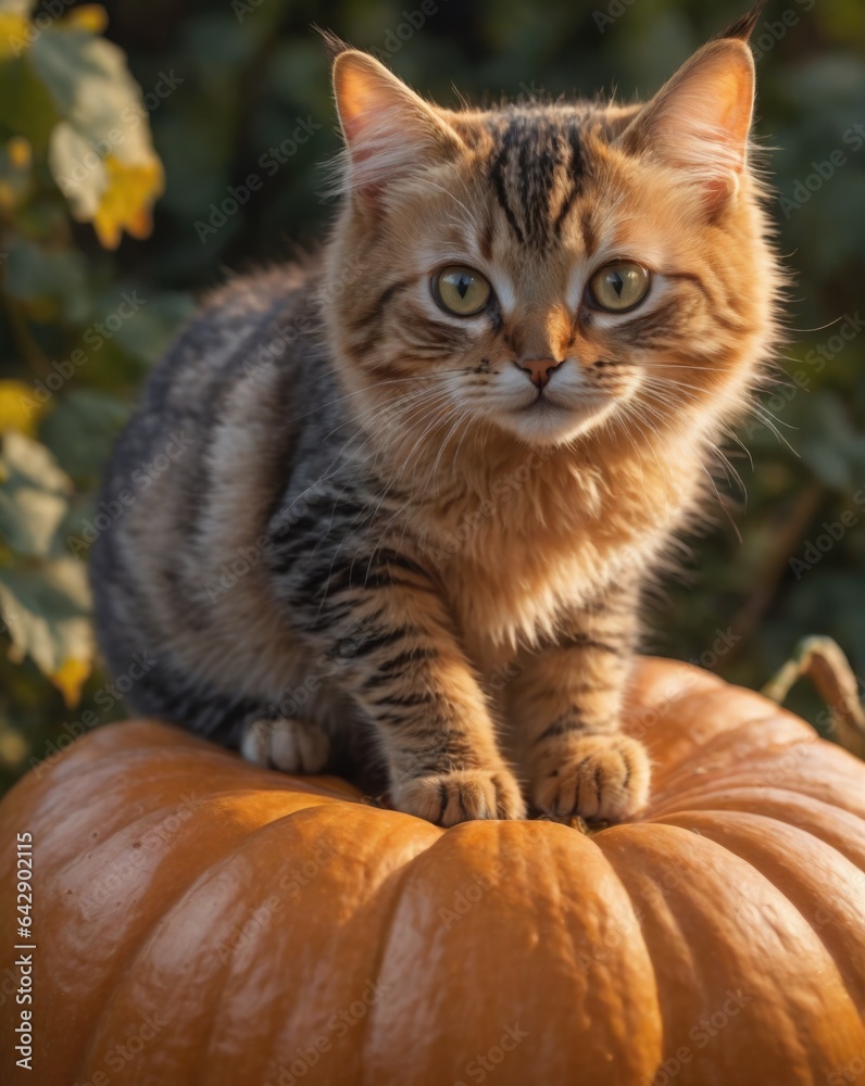 A cute cat is sitting in the hallowing photo set in warm autumn colors with a pumpkin in pumpkin garden