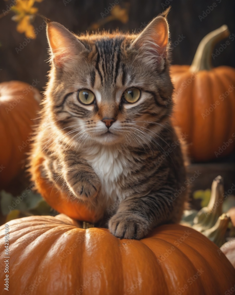 A cute cat is sitting in the pumpkin garden photo set in warm autumn colors with a pumpkin A cute cat is sitting in the pumpkin garden photo set in warm autumn colors with a pumpkin