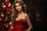 Beautifull woman in red dress with christams tree in the background. 