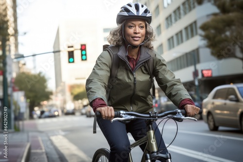 Cycling commuter - a middle aged beautiful African American woman iin helmet riding a bicycle on a road in a city street.