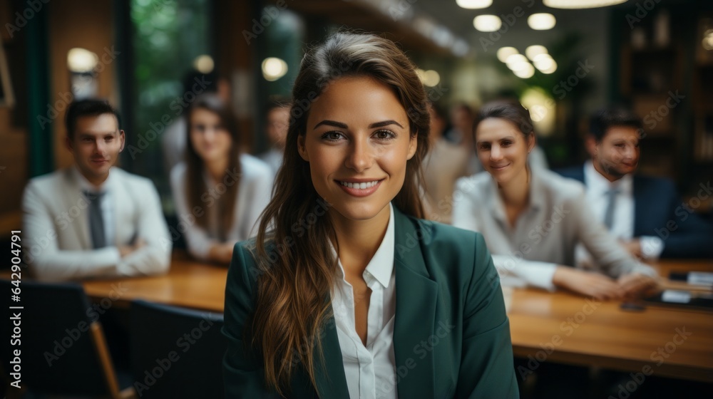 Group of office workers smiling together in the office Group of office workers smiling together in the office