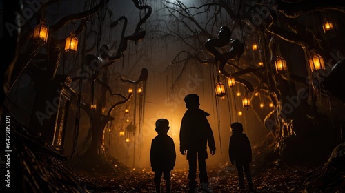 Kids on halloween in the scary town. 