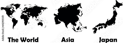the world, Asia, Japan map, vector illustration. Simple outlines, no geographical details or labels. Horizontal row, labeled The World, Asia, Japan