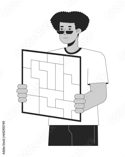 Man holding puzzles board bw concept vector spot illustration. Chaos unorganized 2D cartoon flat line monochromatic character for web UI design. Productivity editable isolated outline hero image