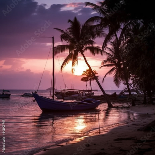 Romantic sunset on the beach with palm trees,