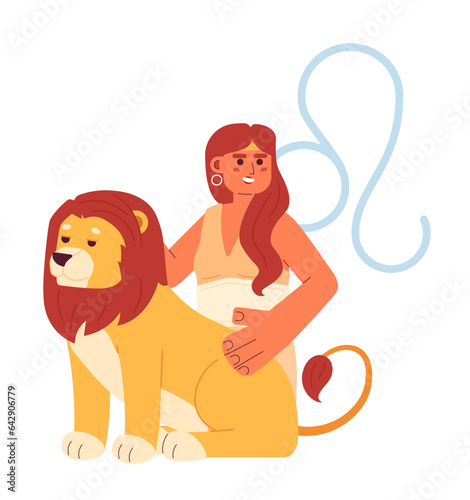Leo zodiac sign flat concept vector spot illustration. Brave young woman with lion 2D cartoon character on white for web UI design. Astrology isolated editable creative hero image