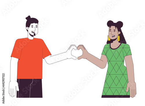 Couple heart hands flat line color vector characters. Caucasian man and latina woman. Heart gesture. Editable outline half body people on white. Simple cartoon spot illustration for web graphic design