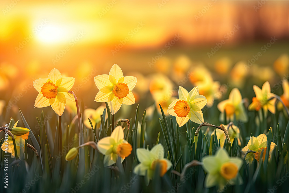 Beautiful Spring Nature background with Daffodils  Flowers