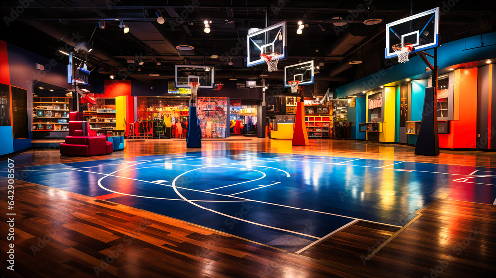 Sports-themed corner with basketball hoops and mini-golf stations. - obrazy, fototapety, plakaty 