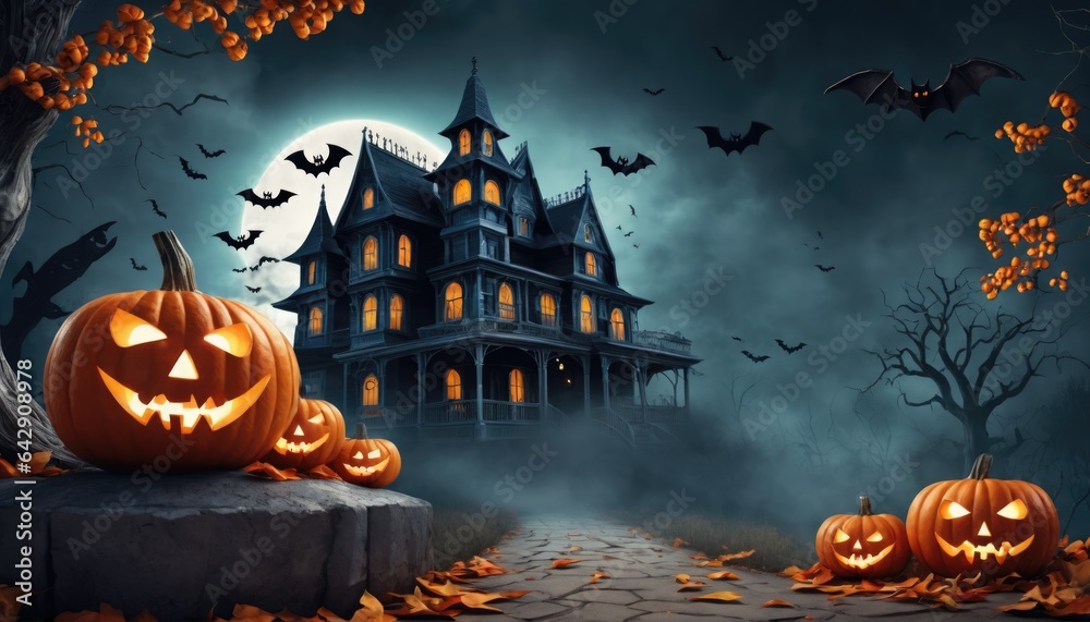 Hallowing background with copy space for text , a haunted house, bats pumpkins full moon and a graveyard Hallowing background with copy space for text , a haunted house, bats pumpkins full moon and a graveyard