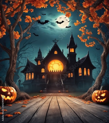 Hallowing background with copy space for text , a haunted house, bats pumpkins full moon and a graveyard