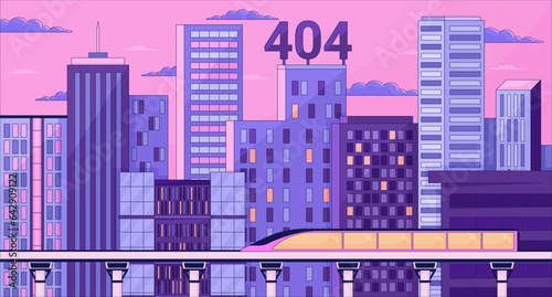 Bullet train night skyscrapers error 404 flash message. Twilight railway. Website landing page ui design. Not found cartoon image, dreamy vibes. Vector flat illustration with 90s retro background