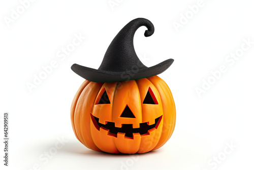 Photo of cute Halloween carved pumpkin with witch hat  on white background