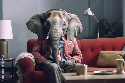 A elephant dressed in casual clothes sitting on a sofa at home